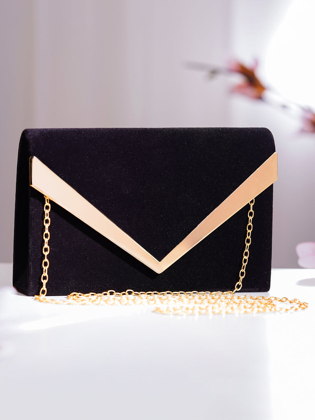 【Rubans】 Black Metallic Envelope Clutch Handbag｜ブラックメタリック エンベロープ クラッチバッグ