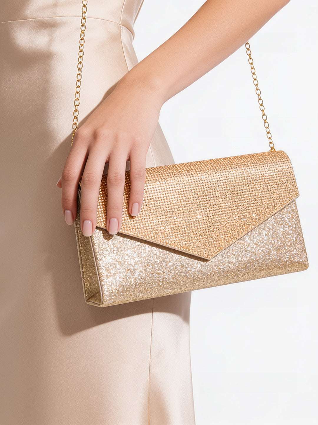 【Rubans】 Gold Crystal Embellished Envelope Clutch Handbag｜ゴールド クリスタル エンベロープ クラッチ ハンドバッグ