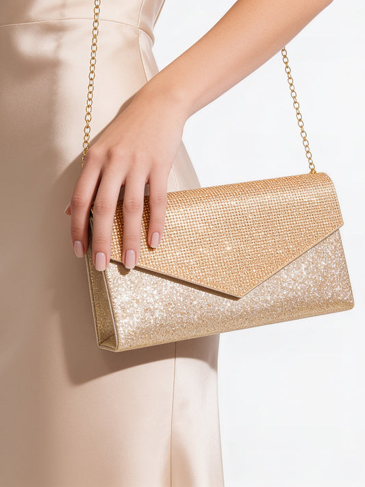【Rubans】 Gold Crystal Embellished Envelope Clutch Handbag｜ゴールド クリスタル エンベロープ クラッチ ハンドバッグ