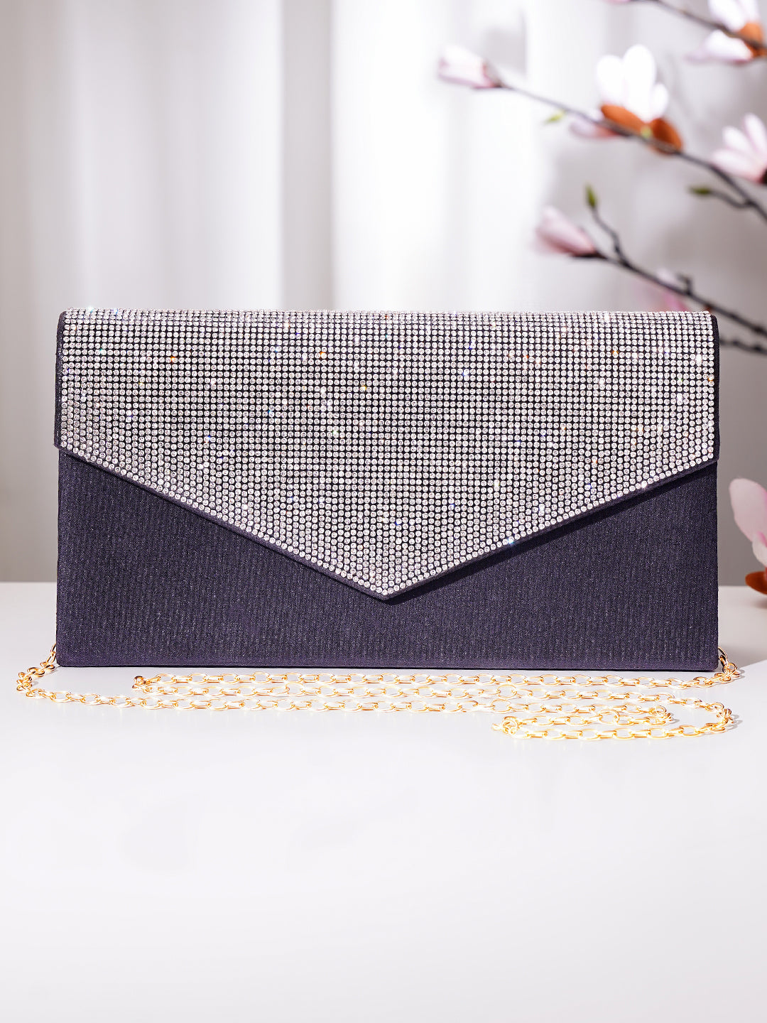 【Rubans】 Black Crystal Embellished Envelope Clutch Handbag｜ブラック クリスタル エンベロープ クラッチ ハンドバッグ