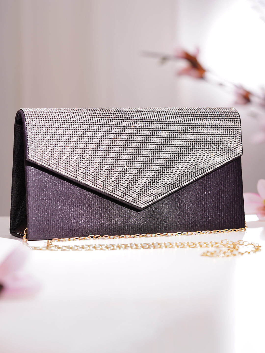 【Rubans】 Black Crystal Embellished Envelope Clutch Handbag｜ブラック クリスタル エンベロープ クラッチ ハンドバッグ