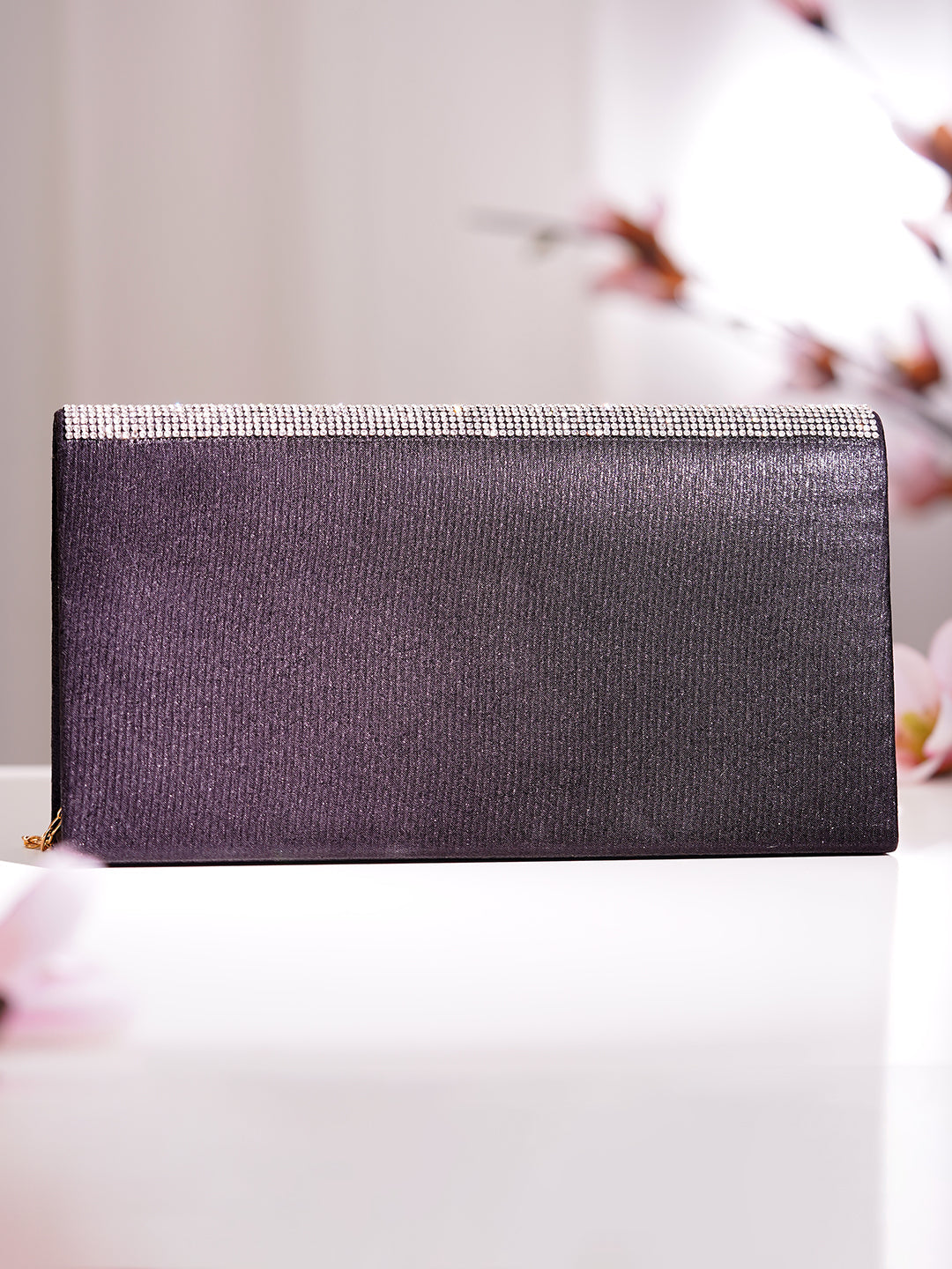 【Rubans】 Black Crystal Embellished Envelope Clutch Handbag｜ブラック クリスタル エンベロープ クラッチ ハンドバッグ