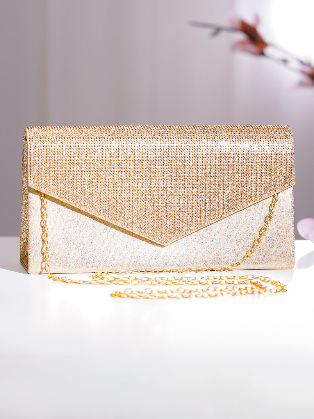 【Rubans】 Gold Crystal Embellished Envelope Clutch Handbag｜ゴールド クリスタル エンベロープ クラッチ ハンドバッグ