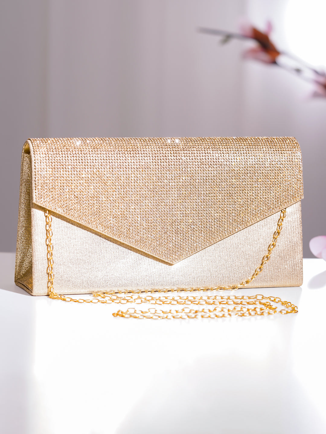 【Rubans】 Gold Crystal Embellished Envelope Clutch Handbag｜ゴールド クリスタル エンベロープ クラッチ ハンドバッグ