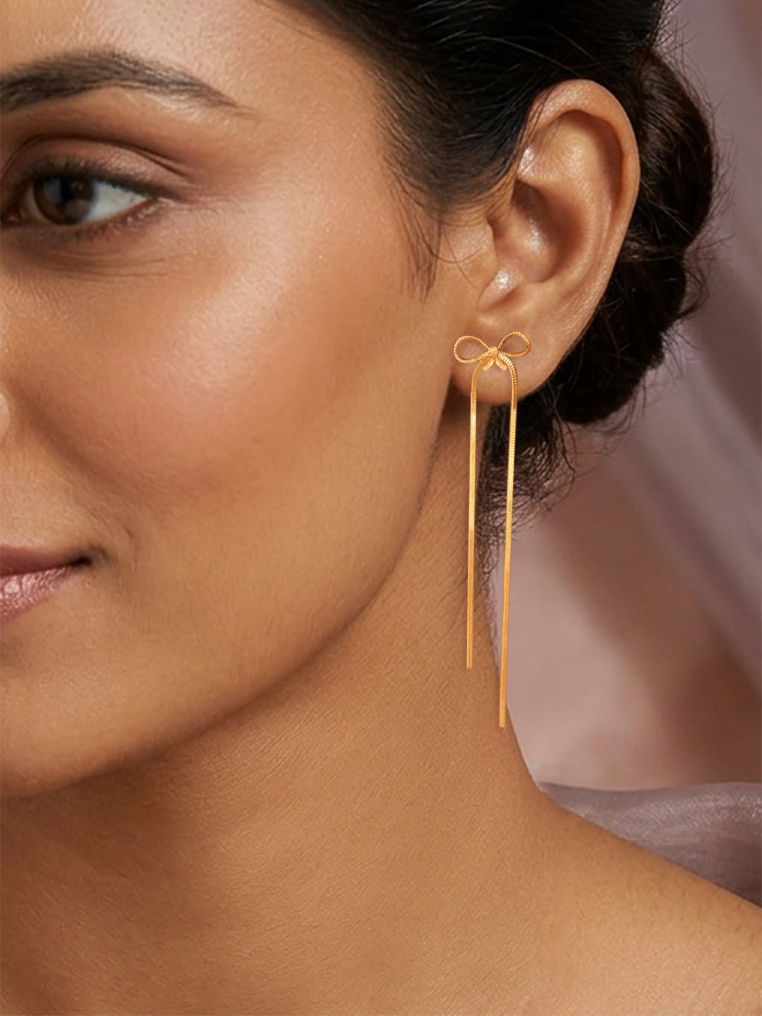 Demi Fine 18K Gold Plated Stainless steel Bow Long Drop Dangler Earrings Length - 10 cm