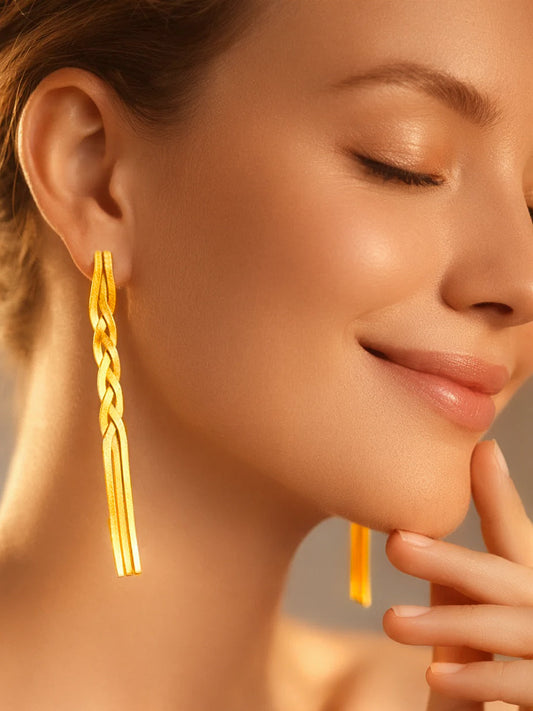 【Rubans】 Demi Fine Gold-Plated Triple Line Braided Tassel Drop Earrings｜デミファイン ゴールドメッキ トリプルライン 編み込み タッセル ドロップピアス