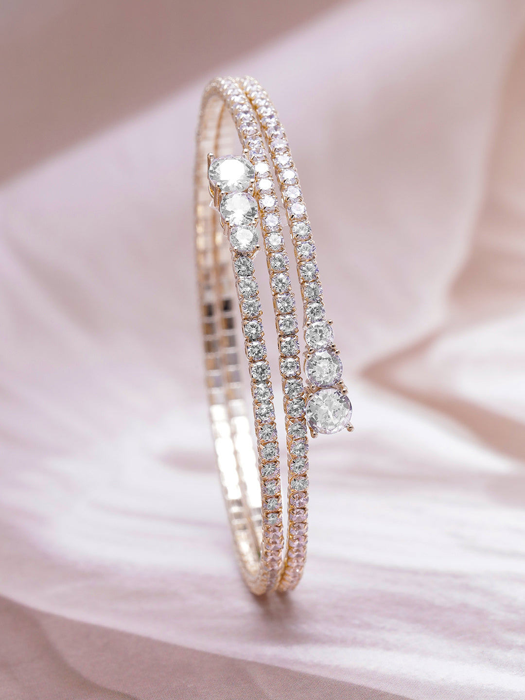 22K Gold Plated AD & Cubic Zirconia Studded Triple Layered Bracelet Silver