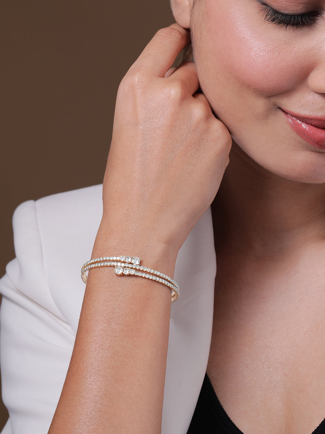 22K Gold Plated AD & Cubic Zirconia Studded Triple Layered Bracelet Silver