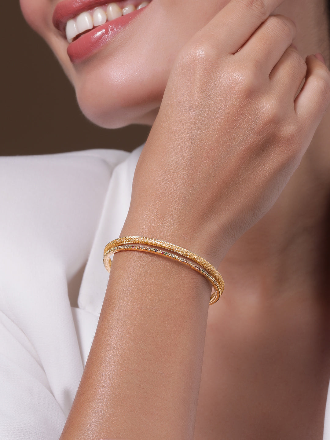 22K Gold Plated Baguette-Cut AD & Cubic Zirconia Studded Double Layered Bracelet Gold