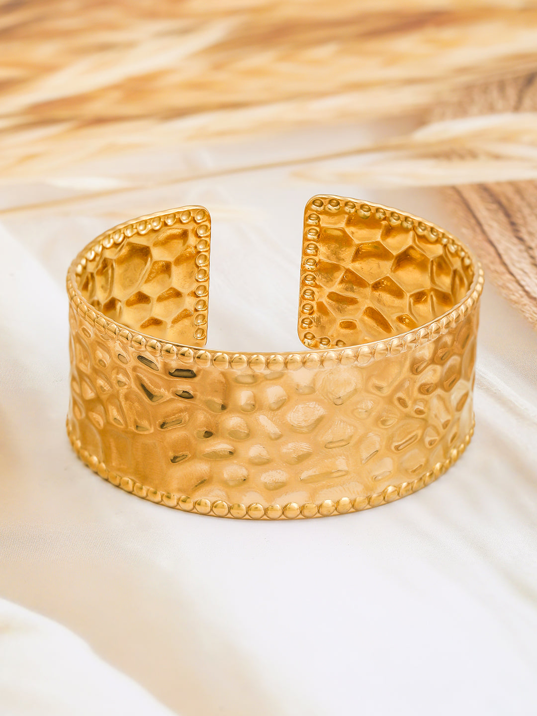 Rubans 22K Gold-Plated Textured Free Size Statement Cuff Bracelet Gold