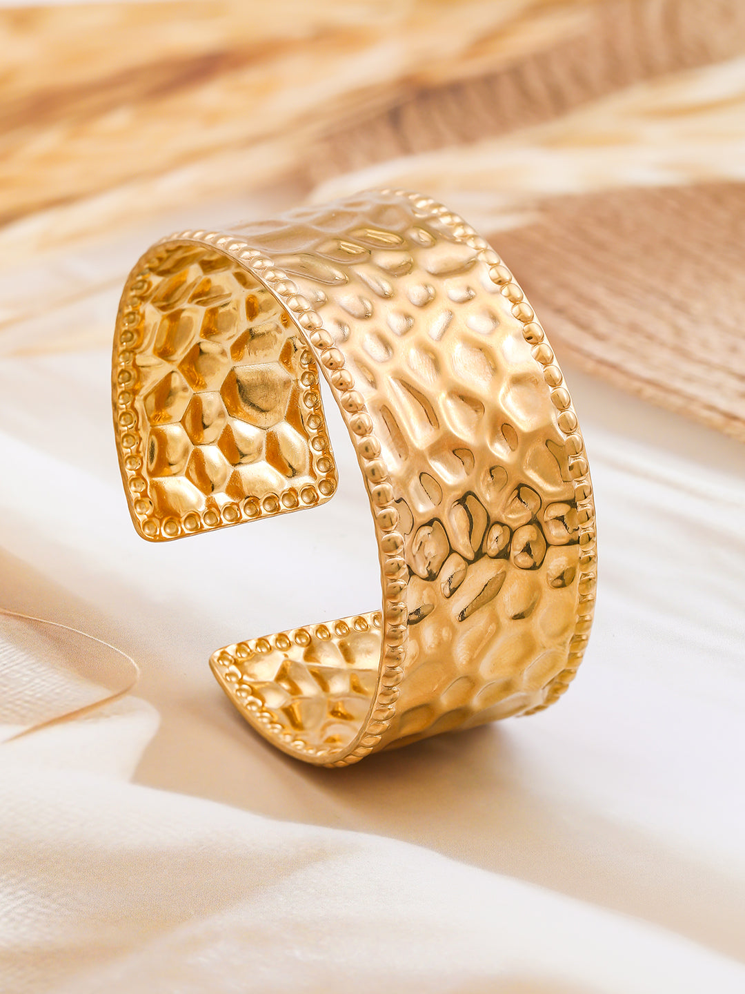 Rubans 22K Gold-Plated Textured Free Size Statement Cuff Bracelet Gold