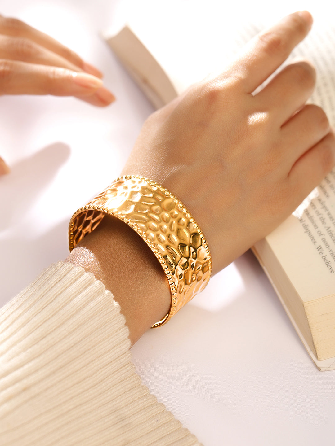 Rubans 22K Gold-Plated Textured Free Size Statement Cuff Bracelet Gold