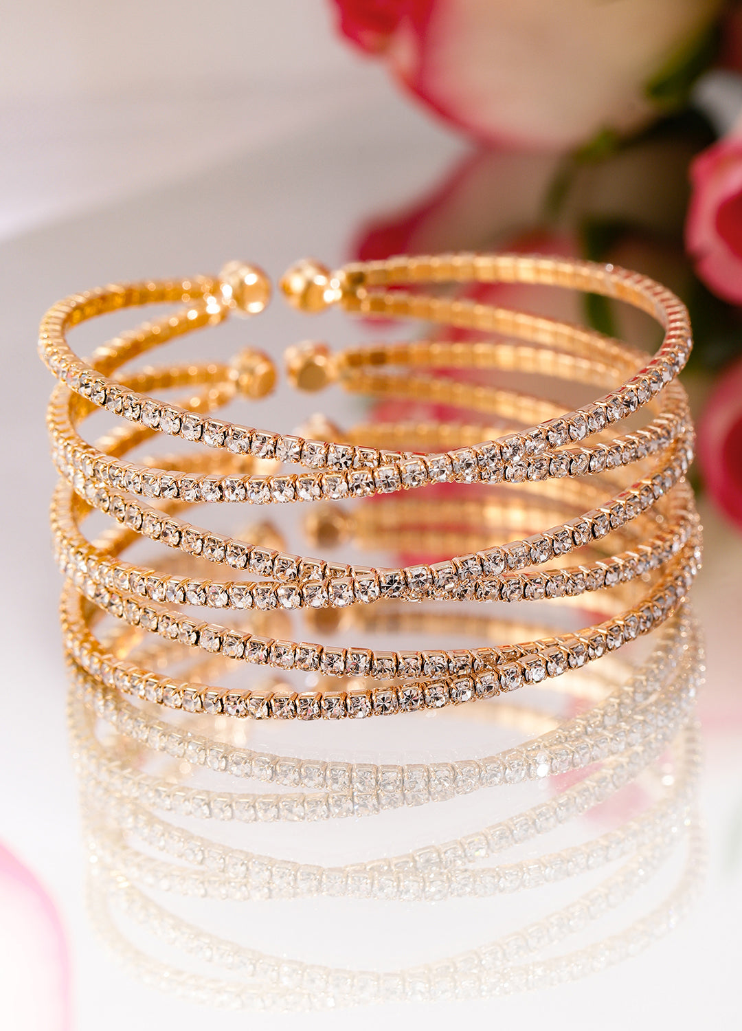 【Rubans】 Gold-Plated Cubic Zirconia Stone Studded Cuff Bracelet｜ゴールドメッキ キュービックジルコニア カフブレスレット｜フリーサイズ