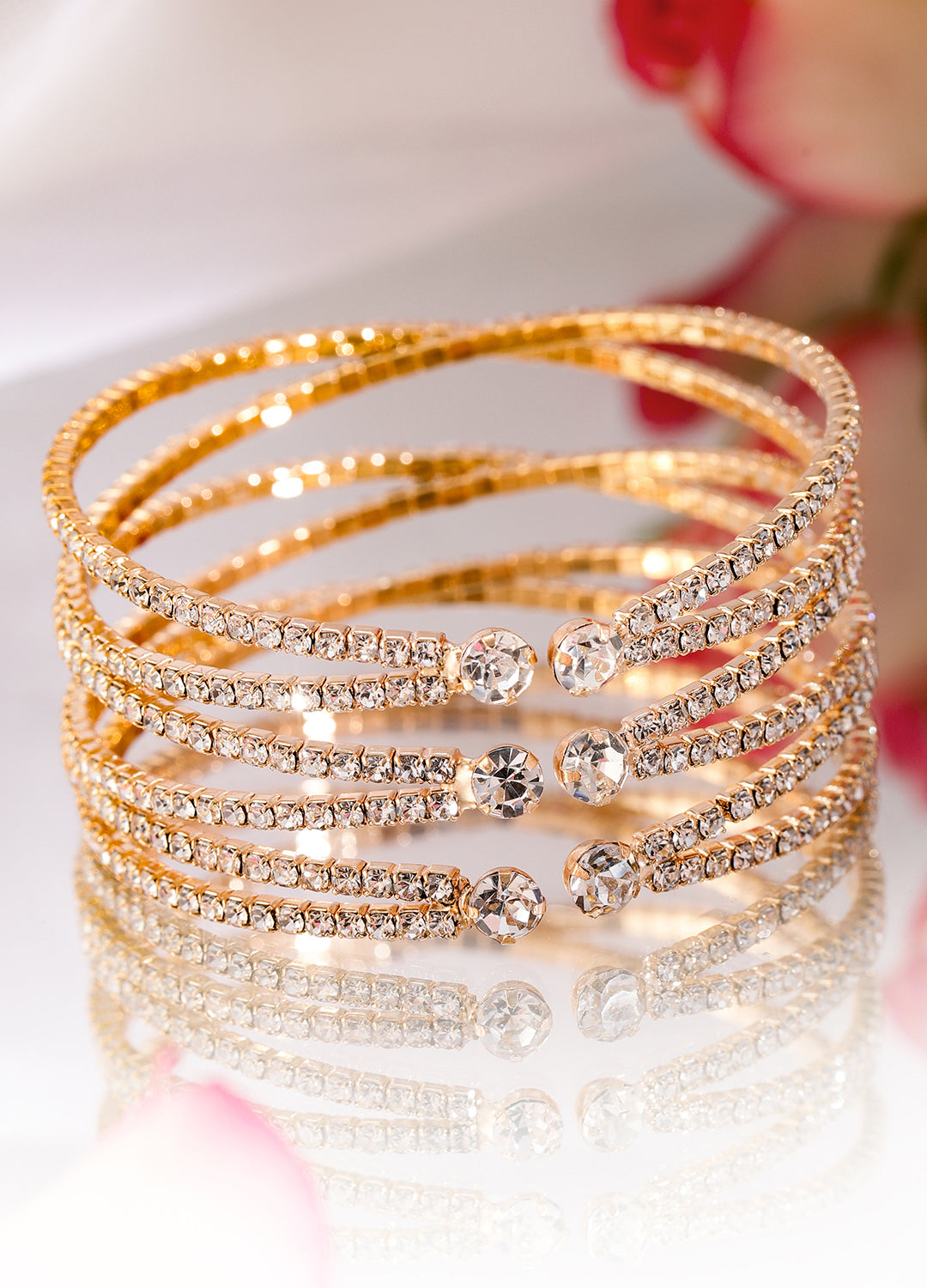 【Rubans】 Gold-Plated Cubic Zirconia Stone Studded Cuff Bracelet｜ゴールドメッキ キュービックジルコニア カフブレスレット｜フリーサイズ