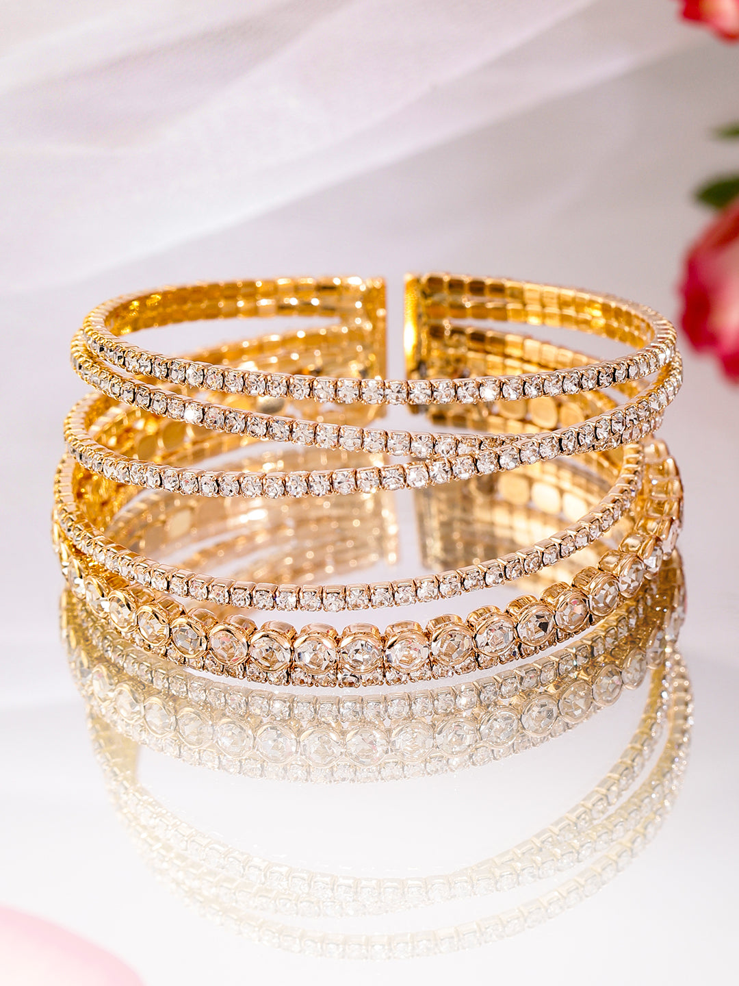【Rubans】 18K Gold-Plated Cuff Bracelet with Sparkling AD & Cubic Zirconia Stones｜18K ゴールドメッキ AD キュービックジルコニア カフブレスレット｜フリーサイズ