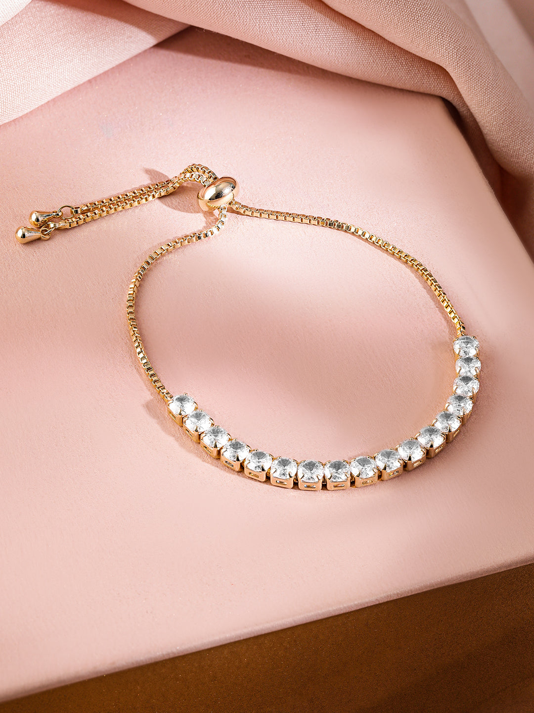 Rubans 18K Gold-Plated Adjustable Pull Chain Cubic Zirconia Studded Bracelet Gold