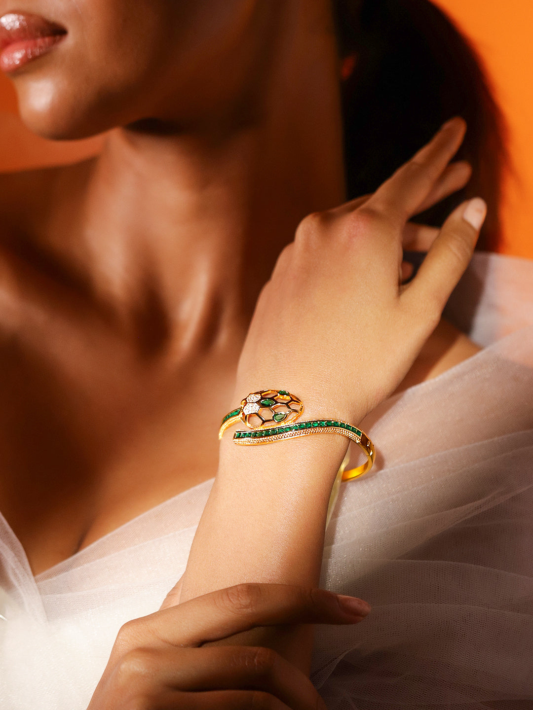 Rubans 22K Gold-Plated Snake Motif Bracelet with Honeycomb Design, Emerald & Zirconia Gold