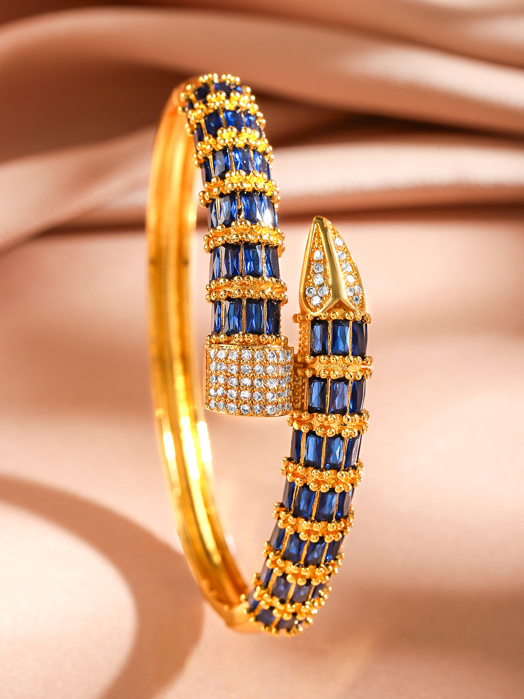 Rubans 22K Gold-Plated Blue Baguette-Cut White Cubic Zirconia Serpent Bracelet Openable Gold