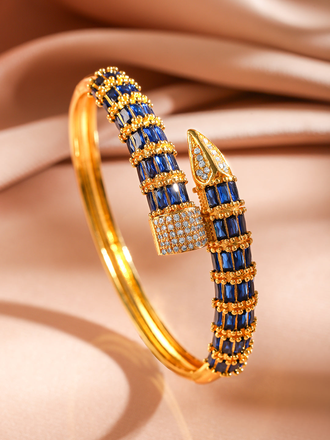 Rubans 22K Gold-Plated Blue Baguette-Cut White Cubic Zirconia Serpent Bracelet Openable Gold