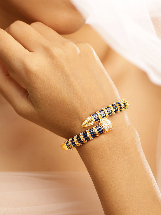 Rubans 22K Gold-Plated Blue Baguette-Cut White Cubic Zirconia Serpent Bracelet Openable Gold
