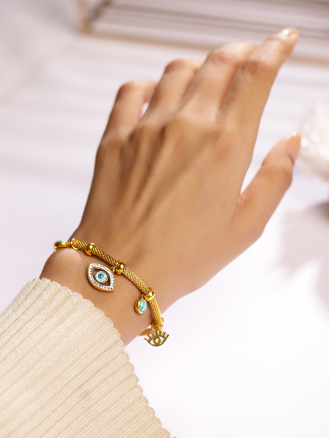 Rubans 18K Gold-Plated Stainless Steel TarnishFree Waterproof Evil Eye Charm Mesh Bracelet Gold