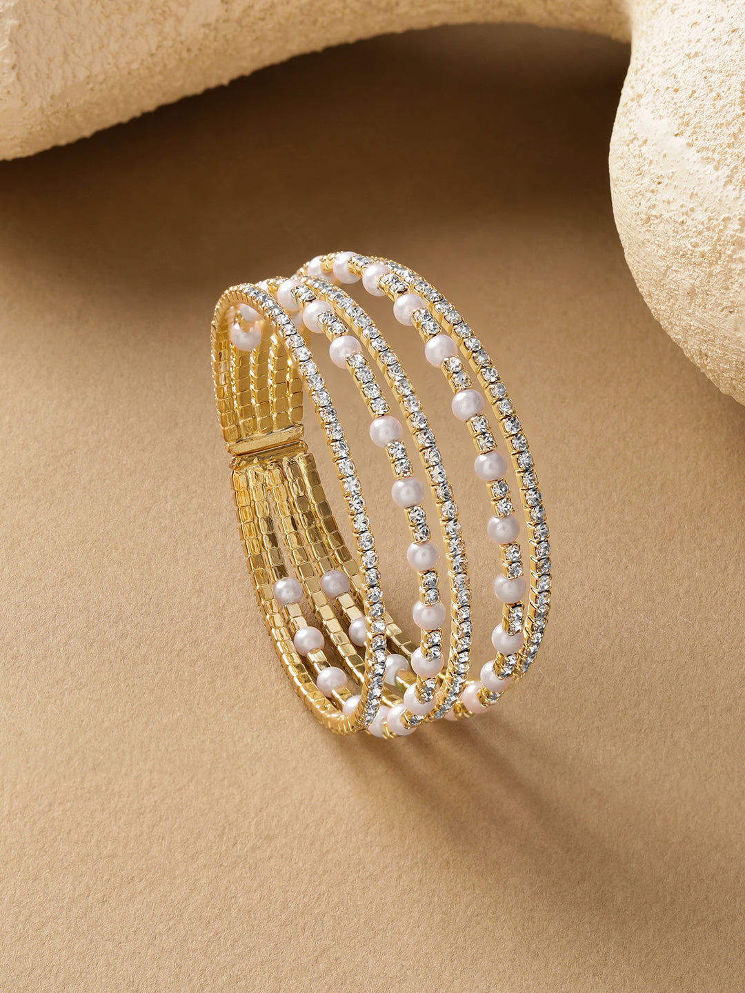 【Rubans】 Cubic Zirconia Handcrafted Gold-Plated Multistrand Bracelet｜ゴールドメッキ キュービックジルコニア＆パール マルチストランド ブレスレット