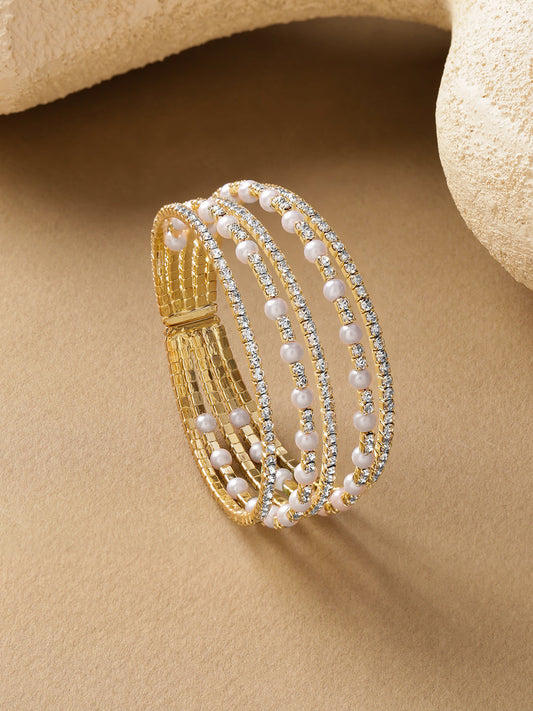 【Rubans】 Cubic Zirconia Handcrafted Gold-Plated Multistrand Bracelet｜ゴールドメッキ キュービックジルコニア＆パール マルチストランド ブレスレット