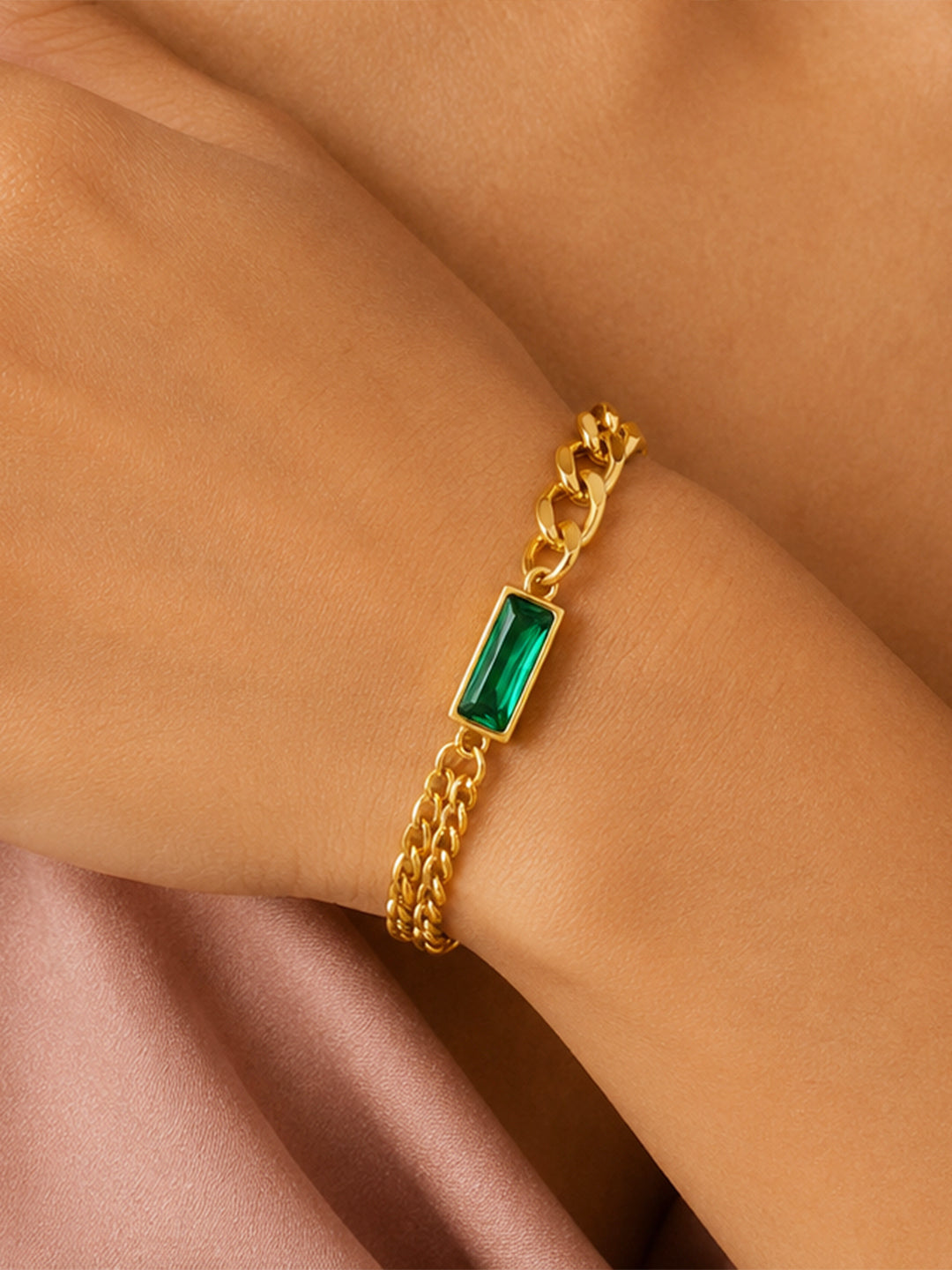 Demi Fine 18K Gold Plated Stainless steel Chunky Chain Emerald Green Bracelet Length - 16.5 cm
