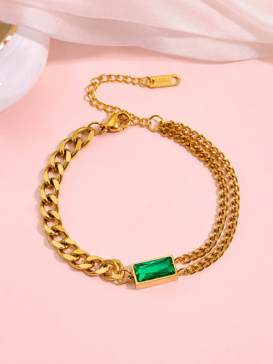 Demi Fine 18K Gold Plated Stainless steel Chunky Chain Emerald Green Bracelet Length - 16.5 cm
