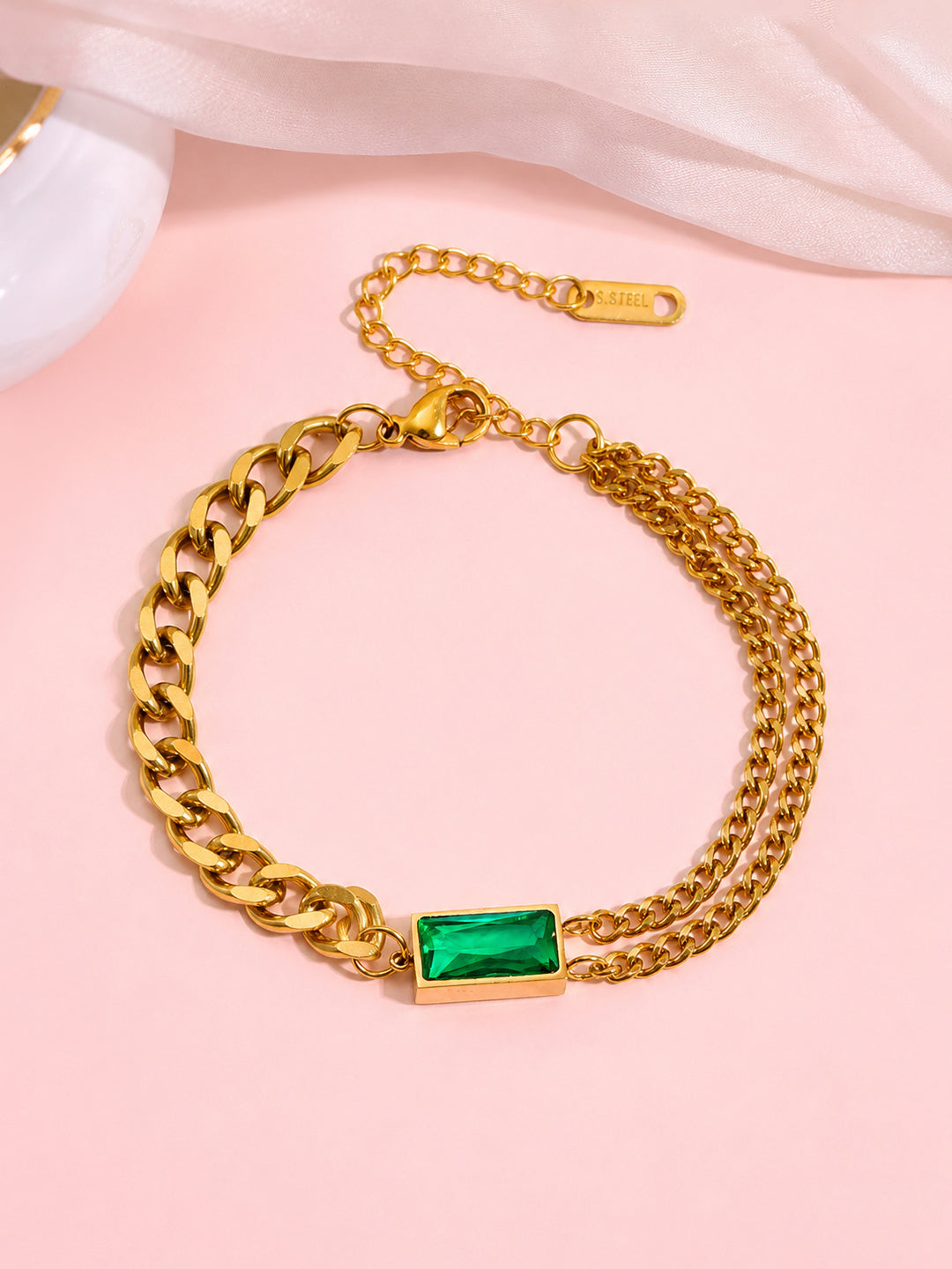 Demi Fine 18K Gold Plated Stainless steel Chunky Chain Emerald Green Bracelet Length - 16.5 cm