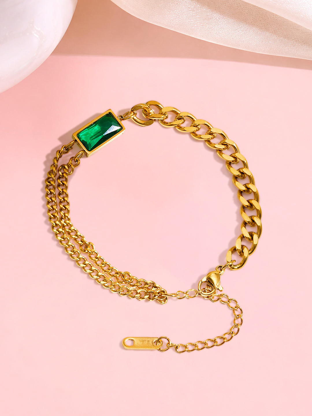 Demi Fine 18K Gold Plated Stainless steel Chunky Chain Emerald Green Bracelet Length - 16.5 cm