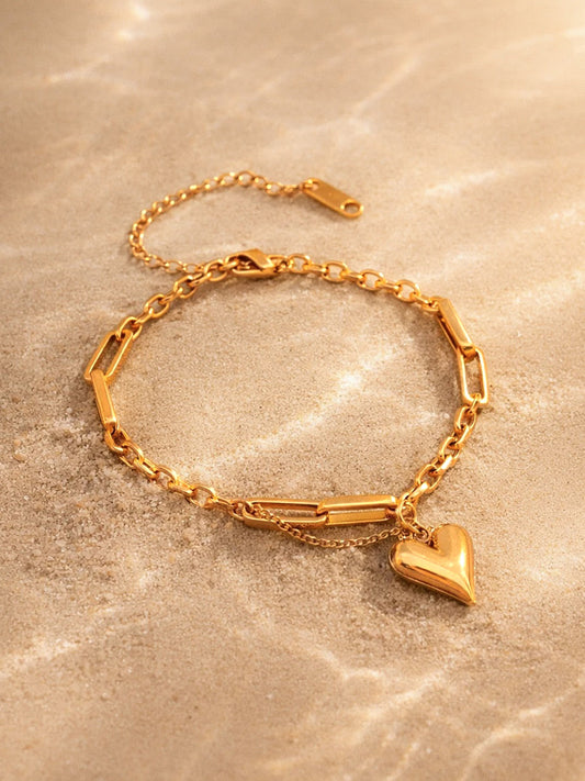 Demi Fine 18K Gold Plated Stainless steel Heart Charm Link Chain Bracelet Length - 16 cm