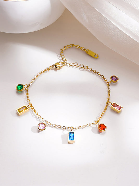 Demi Fine 18K Gold Plated Stainless Steel Multicolor Zircon Charm Chain Bracelet フリーサイズ