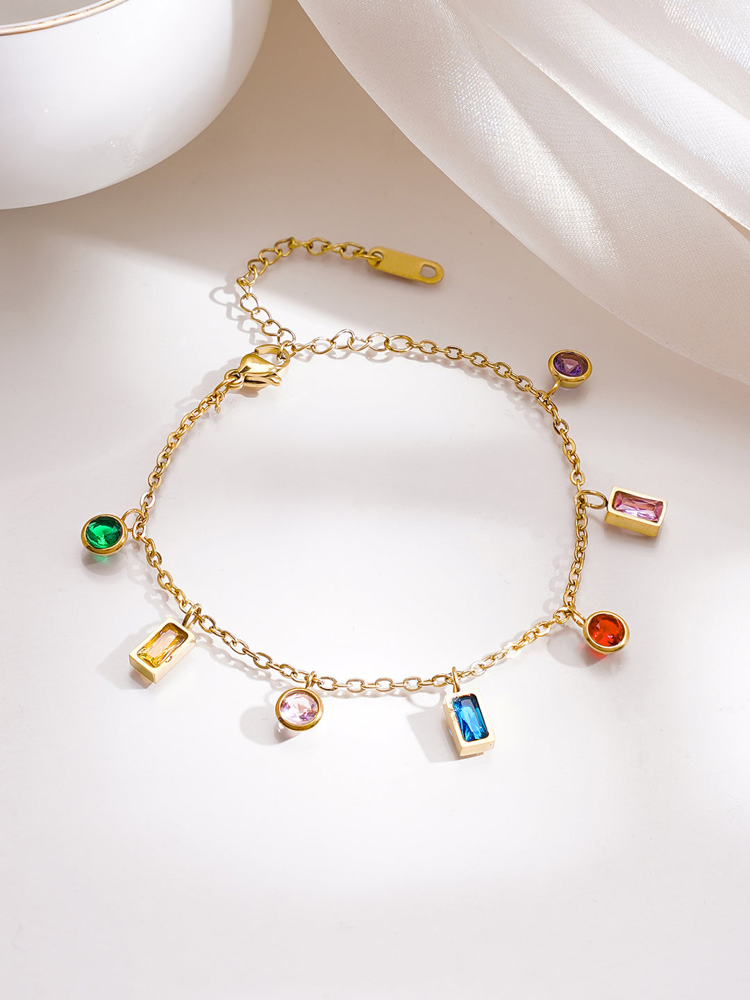 Demi Fine 18K Gold Plated Stainless Steel Multicolor Zircon Charm Chain Bracelet フリーサイズ