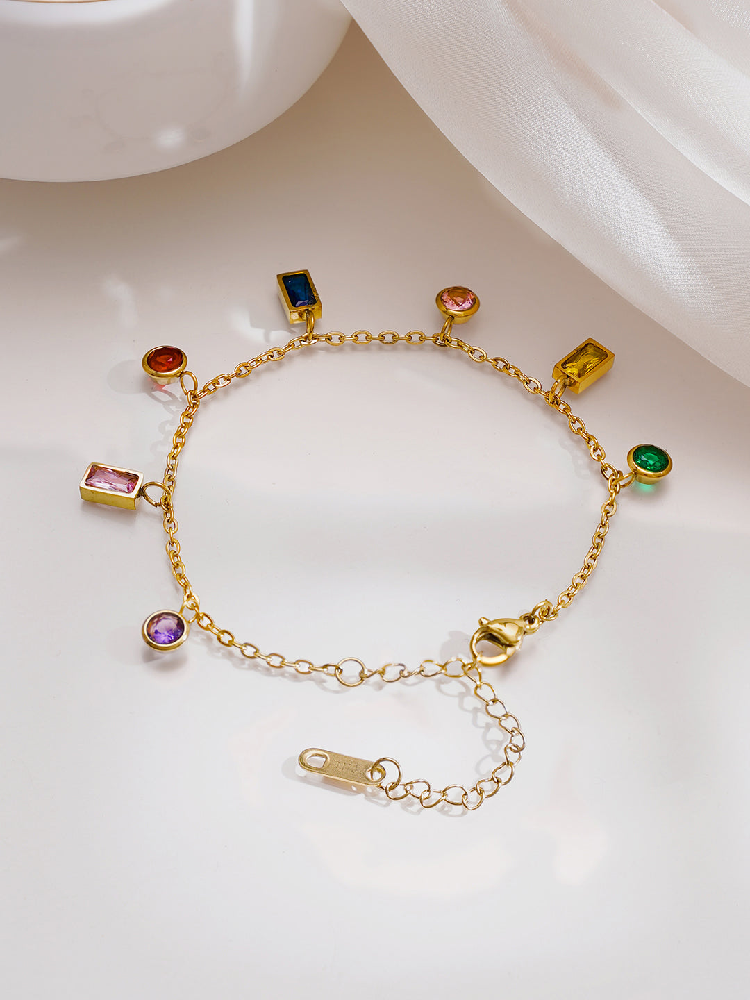 Demi Fine 18K Gold Plated Stainless Steel Multicolor Zircon Charm Chain Bracelet フリーサイズ