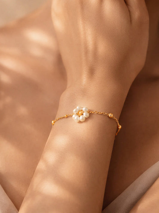 Demi Fine 18K Gold Plated Stainless steel Mini Pearl Floral Chain Bracelet Length - 16 cm