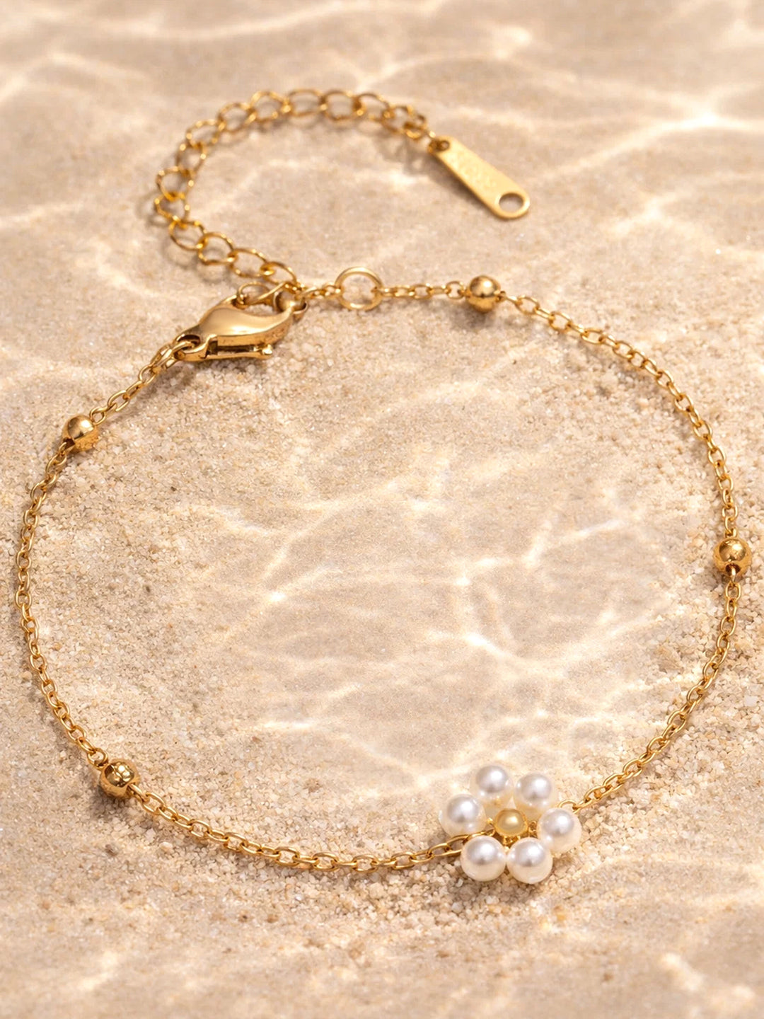 Demi Fine 18K Gold Plated Stainless steel Mini Pearl Floral Chain Bracelet Length - 16 cm