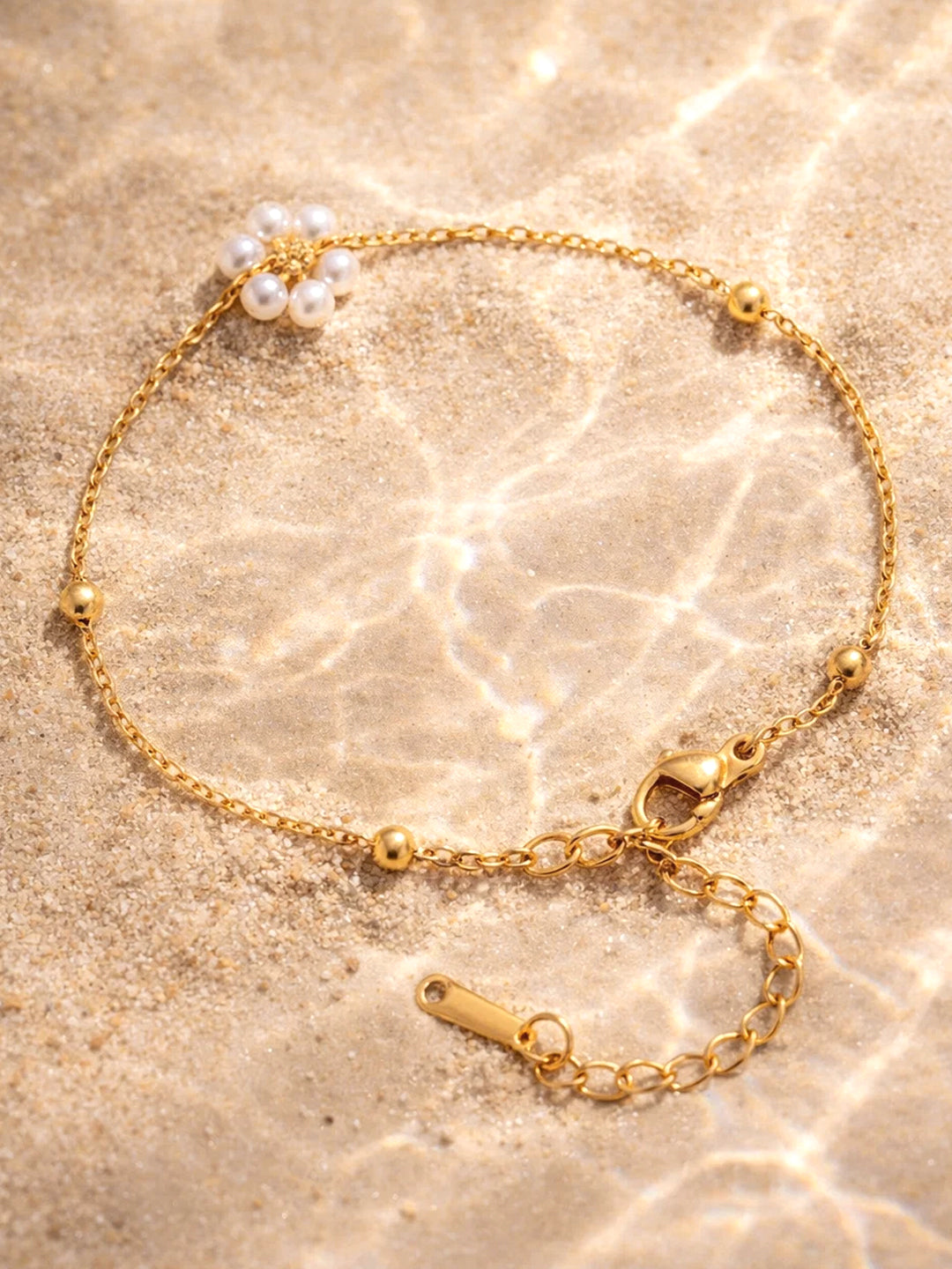 Demi Fine 18K Gold Plated Stainless steel Mini Pearl Floral Chain Bracelet Length - 16 cm