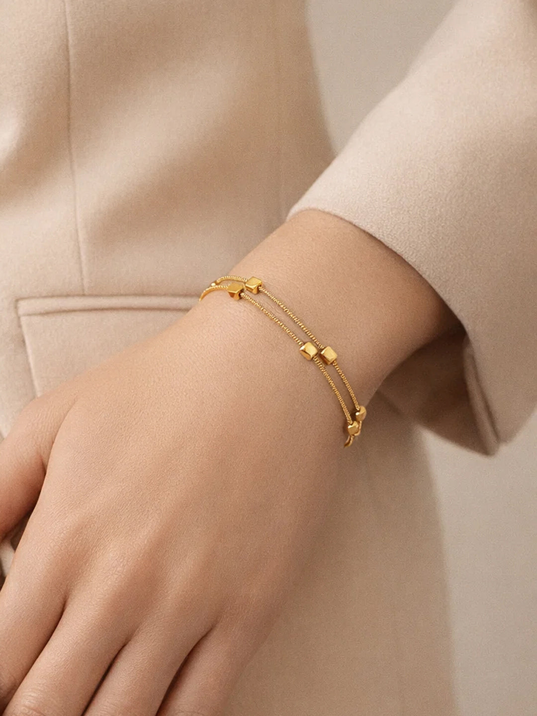 Demi Fine 18K Gold Plated Stainless steel Dual Chain Cube Detail Bracelet Length - 16 cm