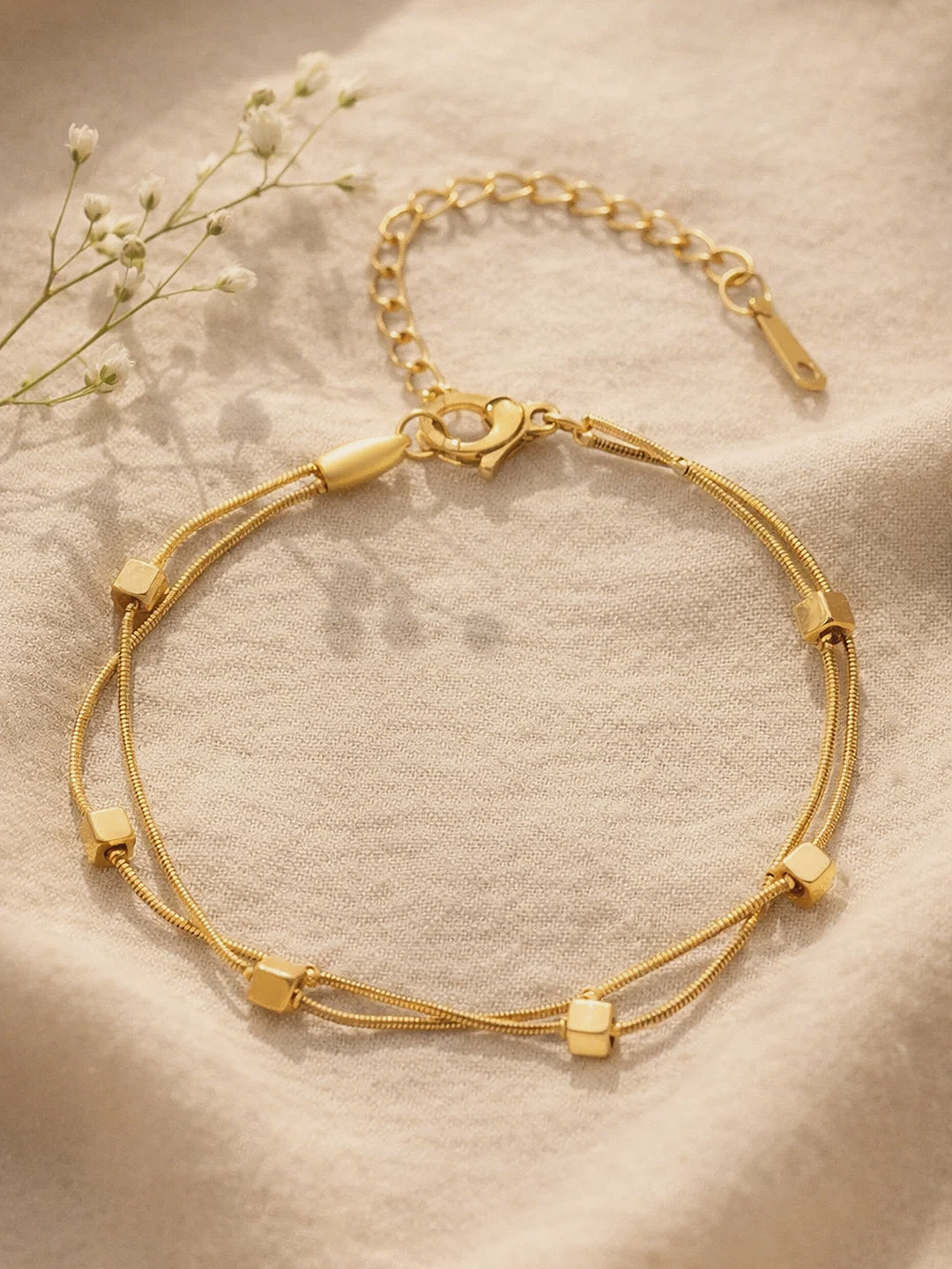 Demi Fine 18K Gold Plated Stainless steel Dual Chain Cube Detail Bracelet Length - 16 cm