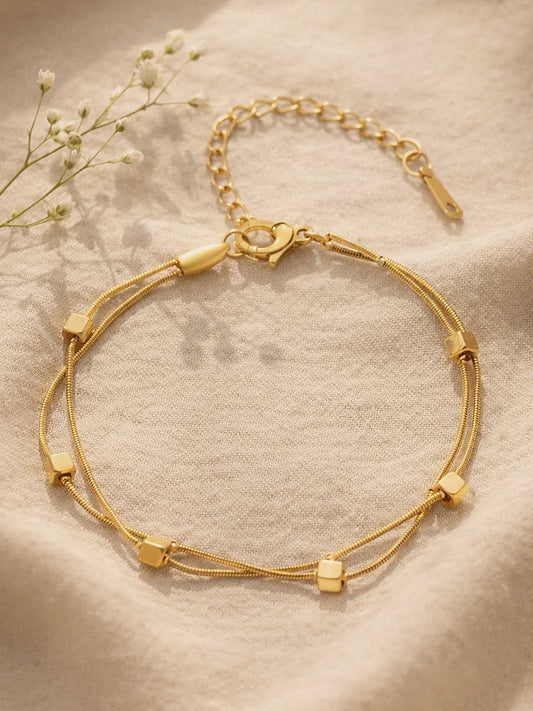 Demi Fine 18K Gold Plated Stainless steel Dual Chain Cube Detail Bracelet Length - 16 cm