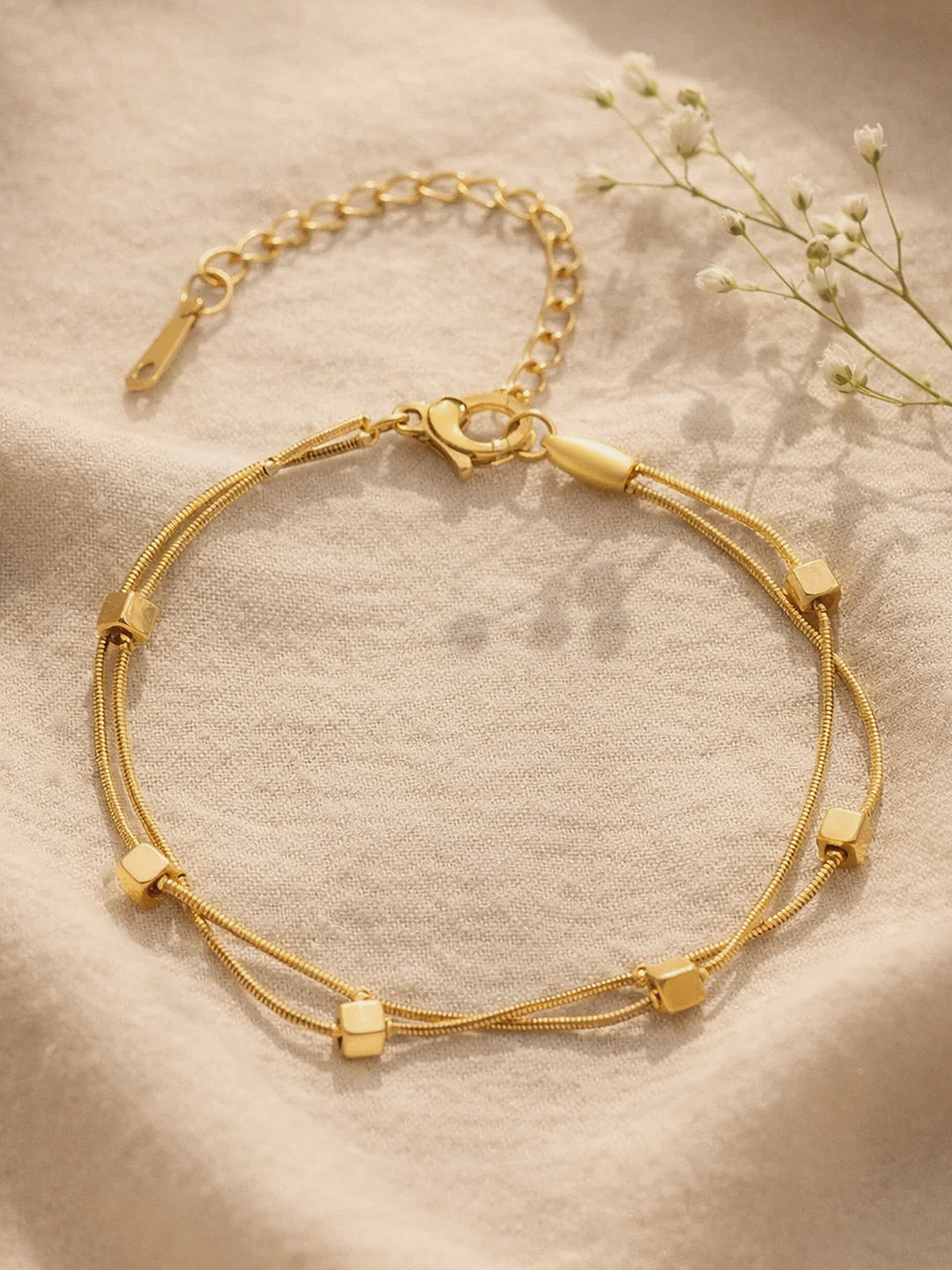 Demi Fine 18K Gold Plated Stainless steel Dual Chain Cube Detail Bracelet Length - 16 cm
