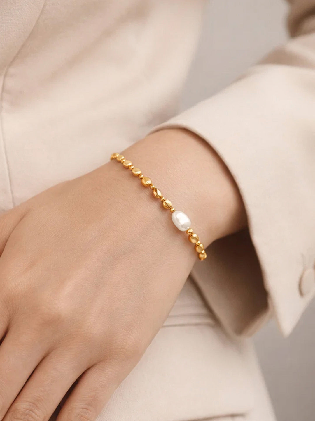 Demi Fine 18K Gold Plated Stainless steel Pearl Beaded Chain Bracelet Length - 17 cm