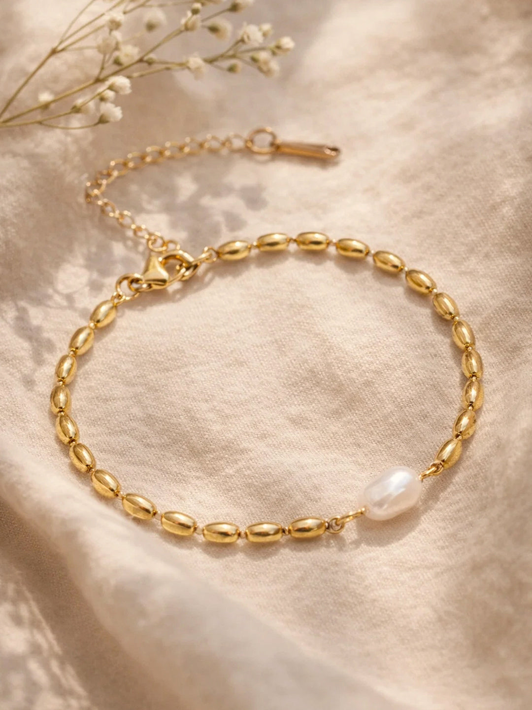 Demi Fine 18K Gold Plated Stainless steel Pearl Beaded Chain Bracelet Length - 17 cm