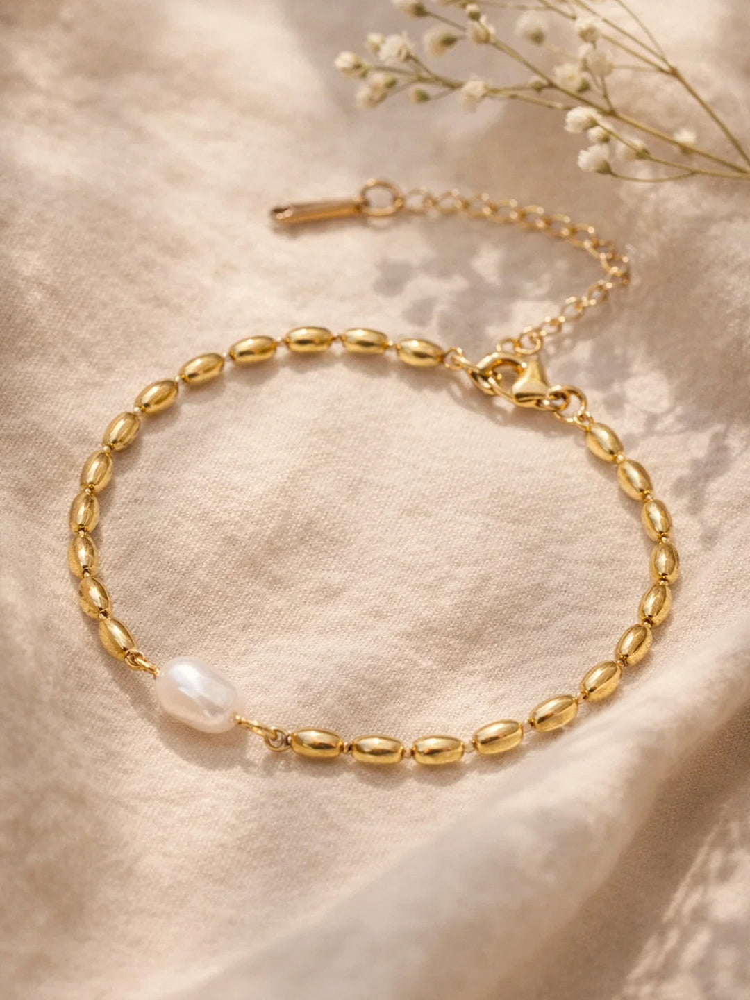 Demi Fine 18K Gold Plated Stainless steel Pearl Beaded Chain Bracelet Length - 17 cm