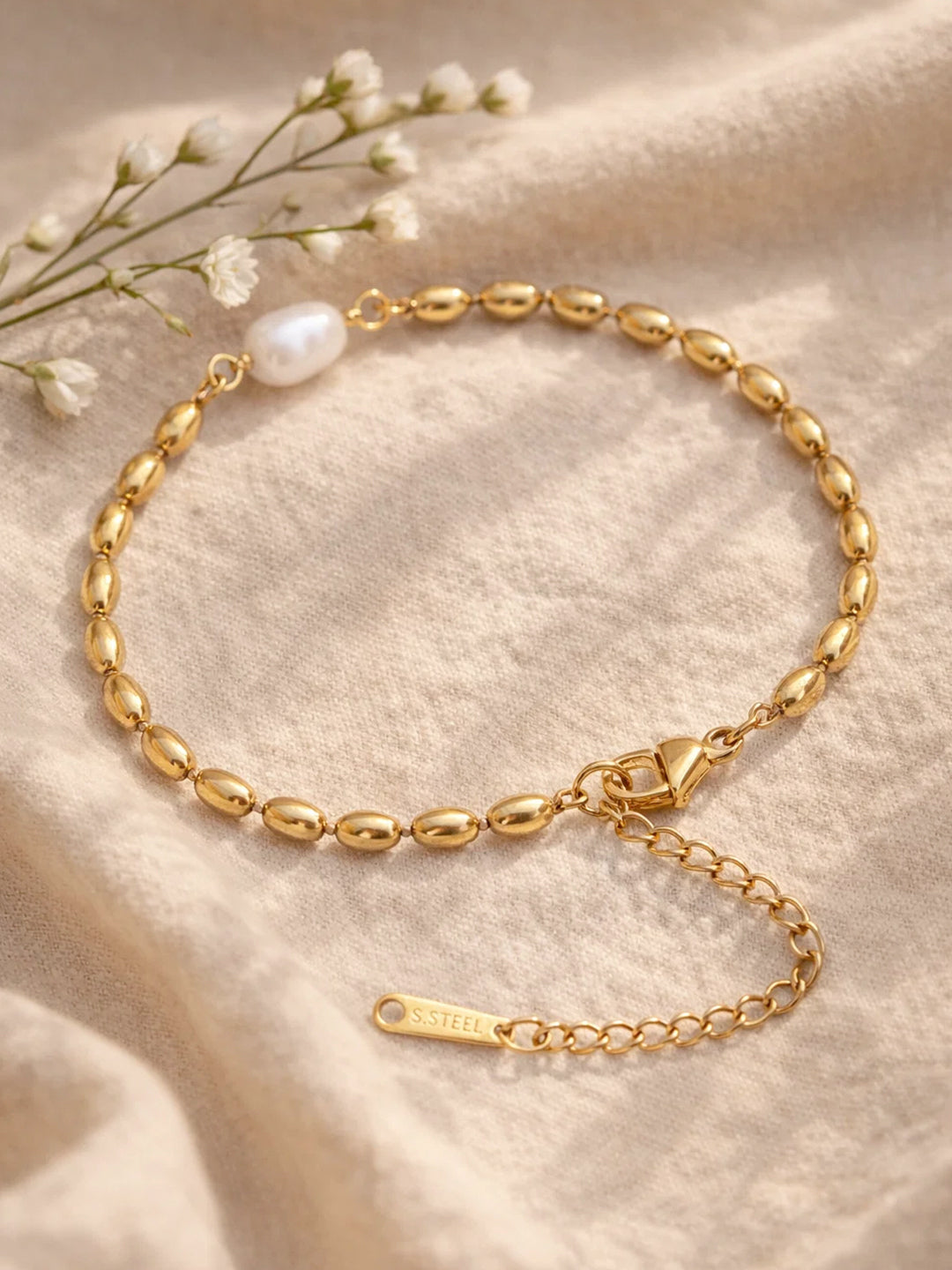 Demi Fine 18K Gold Plated Stainless steel Pearl Beaded Chain Bracelet Length - 17 cm