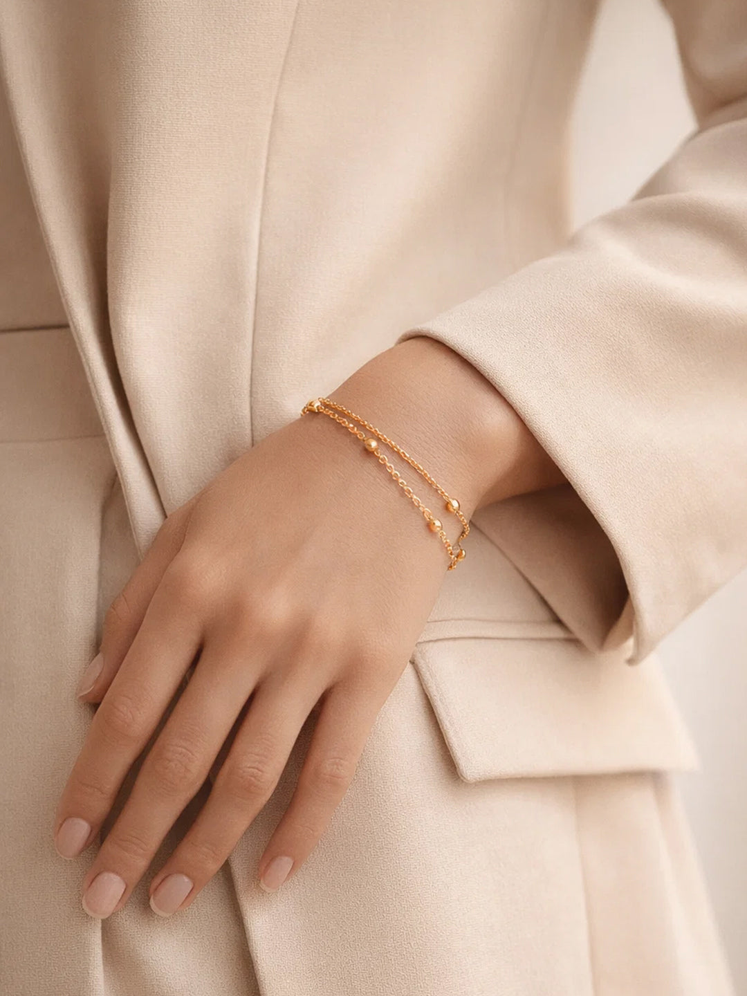 Demi Fine 18K Gold Plated Stainless steel Dual Chain Beaded Bracelet Length - 16 cm