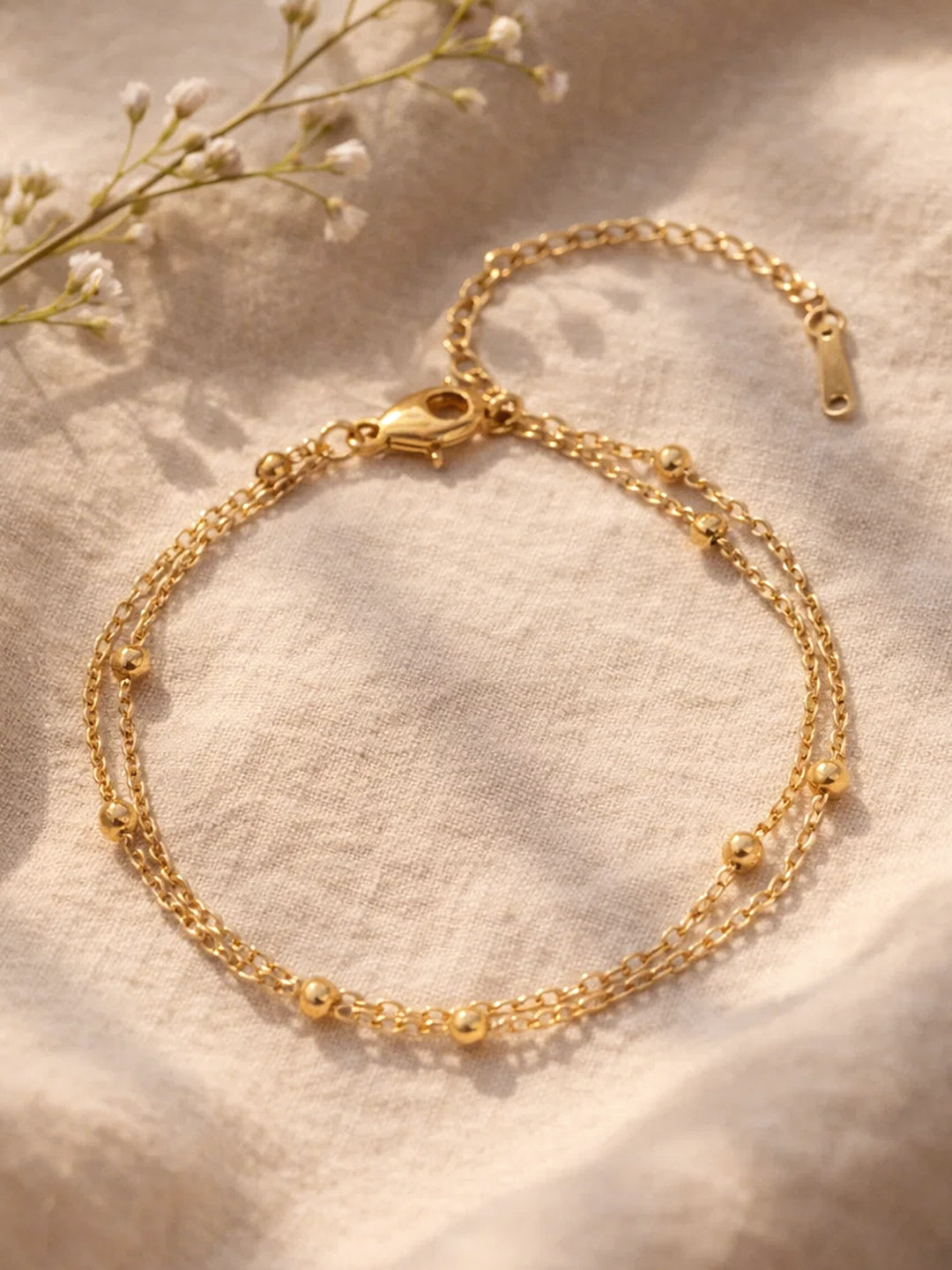 Demi Fine 18K Gold Plated Stainless steel Dual Chain Beaded Bracelet Length - 16 cm