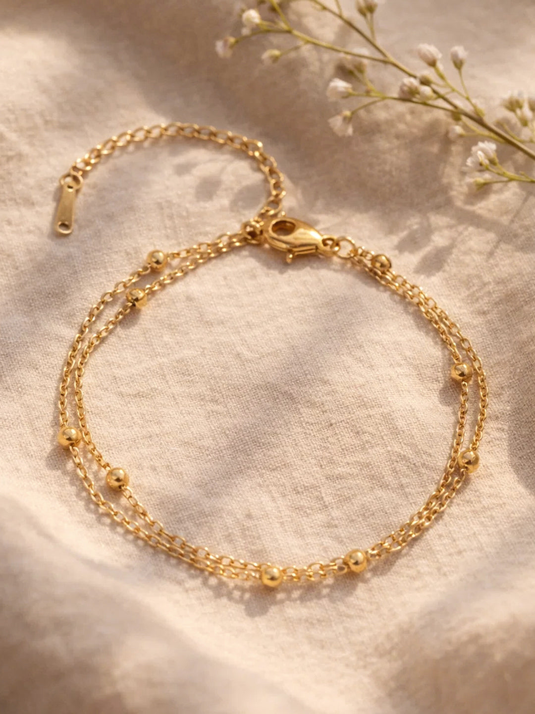 Demi Fine 18K Gold Plated Stainless steel Dual Chain Beaded Bracelet Length - 16 cm