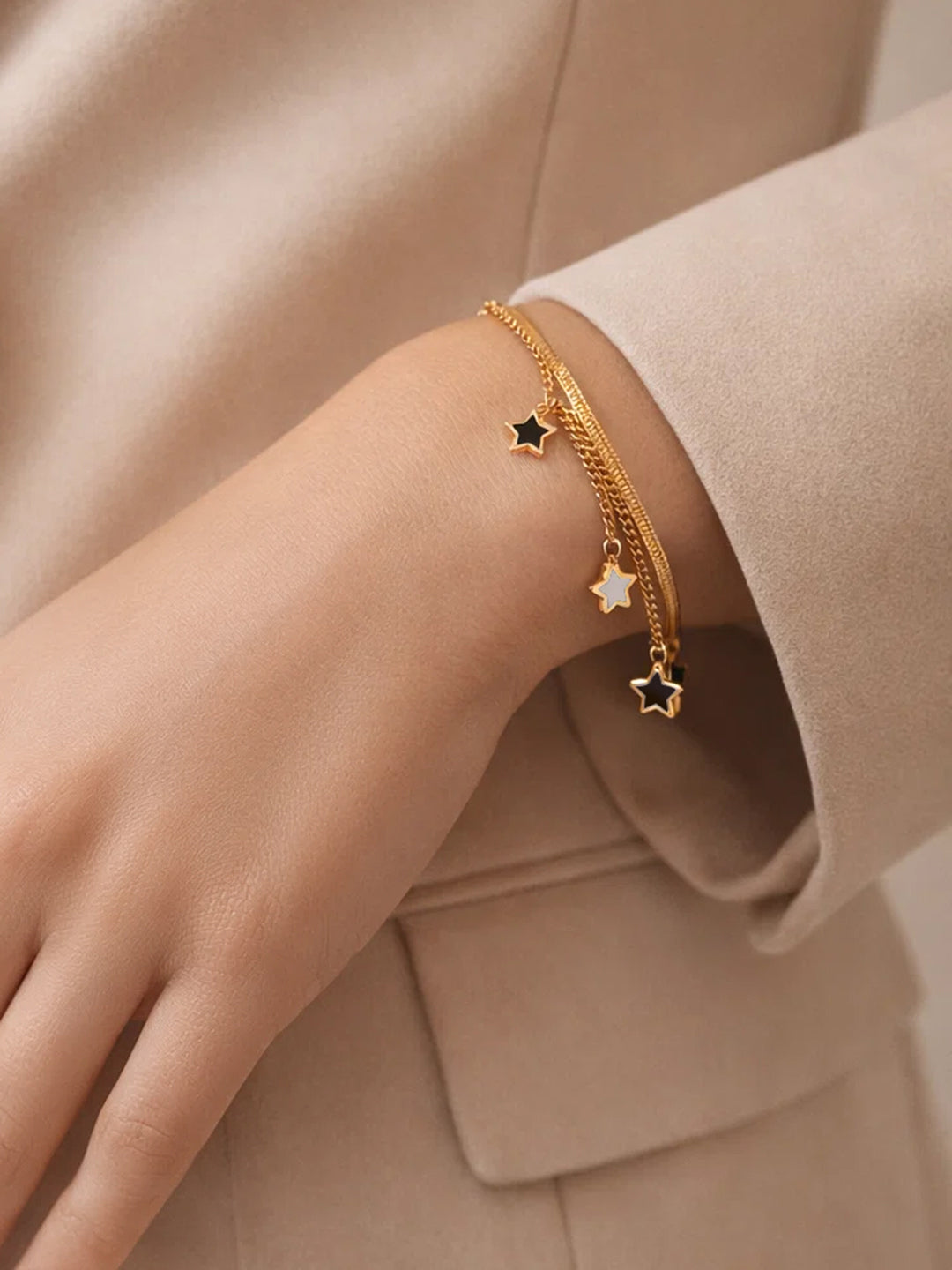 Demi Fine 18K Gold Plated Stainless steel Star Charm Dual Chain Bracelet Length - 16 cm